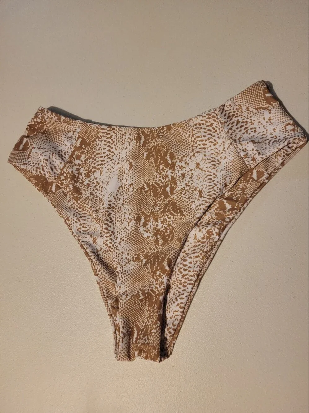 High-Waist Women’s Swim Bottom in Tan And White Snake Print,  L